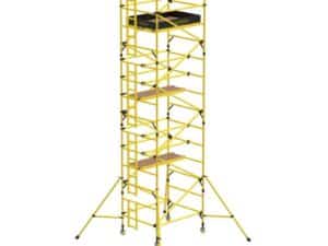 Fully assembled GRP fibreglass scaffold tower with multiple working platforms, stabilisers and locking castors for safe low-level and high-level access.