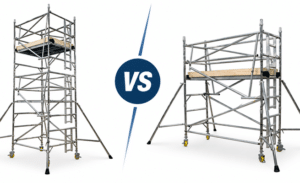 Single width vs double width scaffold towers showing the difference in platform size and tower width