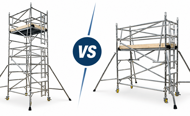 Single width vs double width scaffold towers showing the difference in platform size and tower width